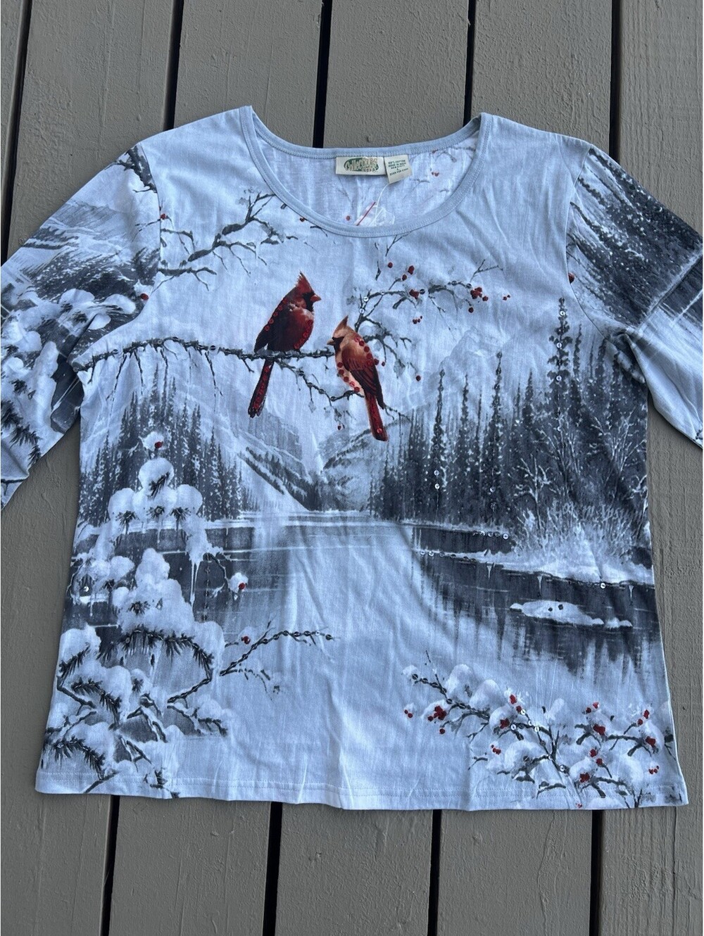 New Vtg Collections ETC Shirt Women’s L Gray Red Bird Cardinal Sequin Ladies.